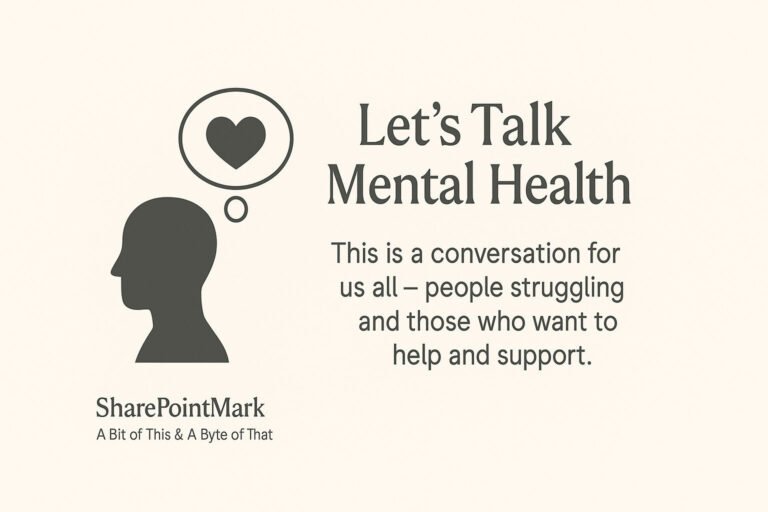 Silhouette of a person with a thought bubble containing a heart. The text reads: Let’s Talk Mental Health. This is a conversation for us all – people struggling and those who want to help and support.