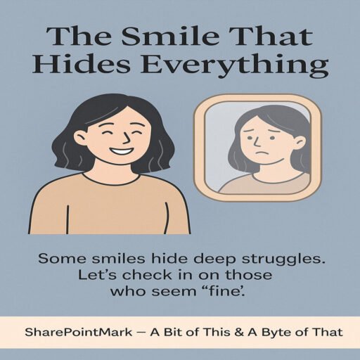 A person smiling on the outside, with subtle signs of inner sadness (e.g. mirror reflection or eyes that say otherwise).