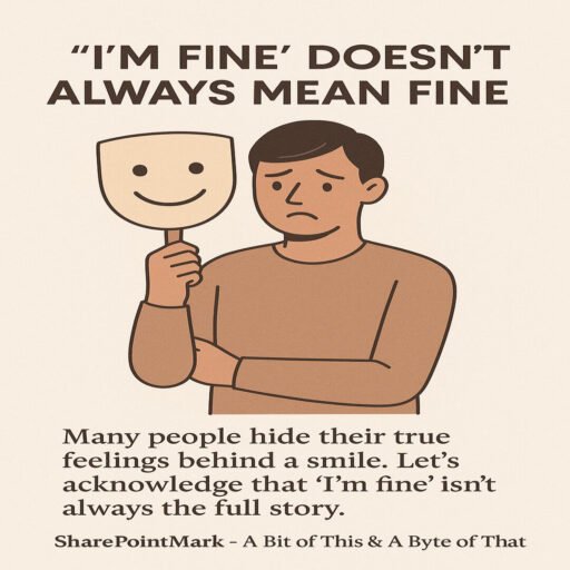 A person with a calm or smiling mask overlay, but visible sadness or heaviness behind
