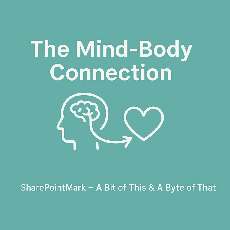 “The Mind-Body Connection” with icons of brain and heart linked by arrow on teal background