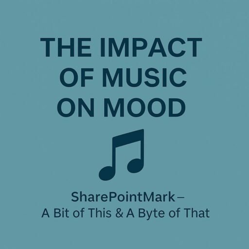 “THE IMPACT OF MUSIC ON MOOD” and single note icon, plus footer “SharePointMark – A Bit of This & A Byte of That”