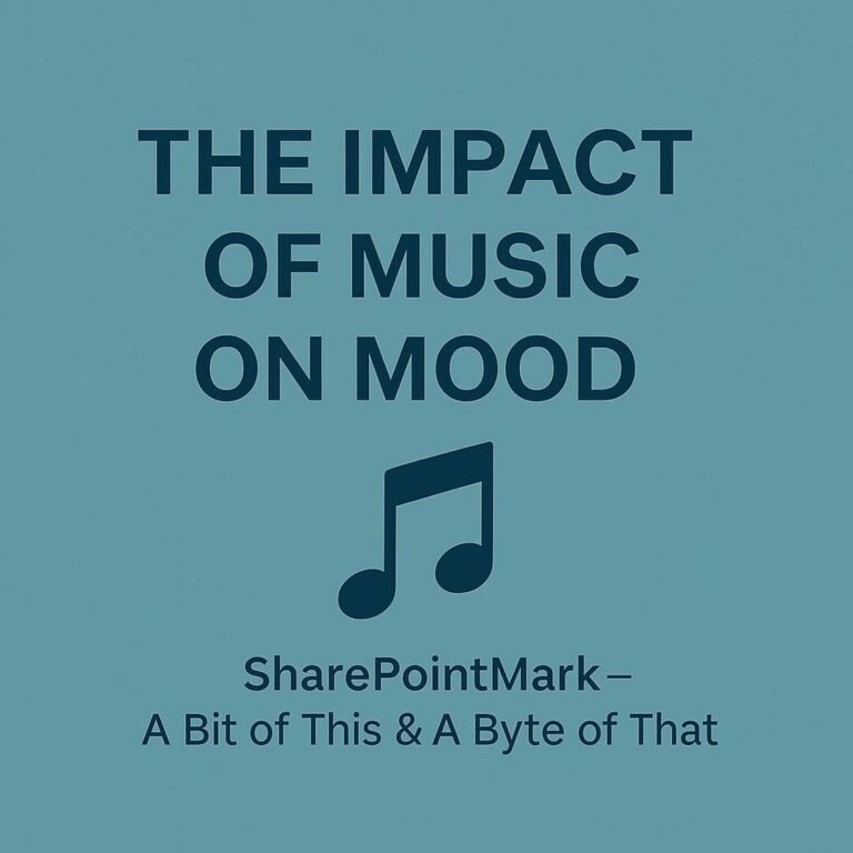 “THE IMPACT OF MUSIC ON MOOD” and single note icon, plus footer “SharePointMark – A Bit of This & A Byte of That”
