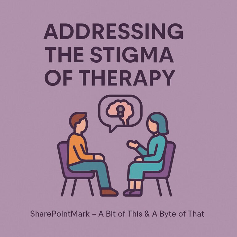 Addressing the Stigma of Therapy graphic on mauve background