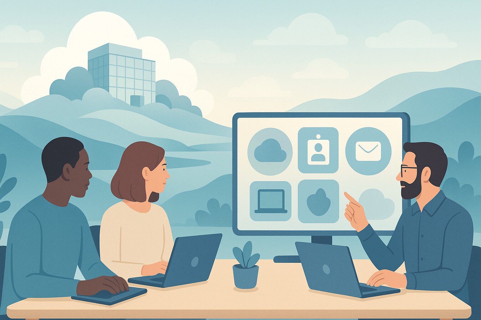 Show a stylised valley landscape with a modern office building labelled conceptually as CalderCloud Co (no text), sitting in a calm digital “cloud” environment above.