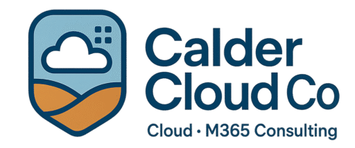 Illustration of a diverse team in a calm modern digital workspace, with a stylised valley and cloud representing CalderCloud Co and the Modern Workplace Mastery series.