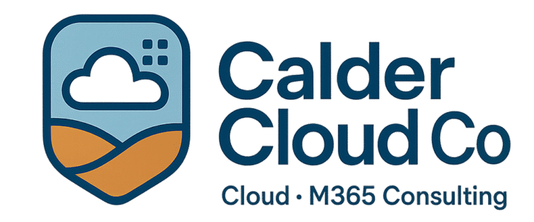 Illustration of a diverse team in a calm modern digital workspace, with a stylised valley and cloud representing CalderCloud Co and the Modern Workplace Mastery series.
