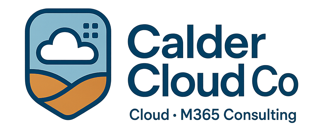 Illustration of a diverse team in a calm modern digital workspace, with a stylised valley and cloud representing CalderCloud Co and the Modern Workplace Mastery series.