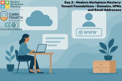 Illustration of a woman at a laptop in a calm digital workspace with floating panels for cloud, identity and chat, representing Microsoft 365 tenant naming and identity design.