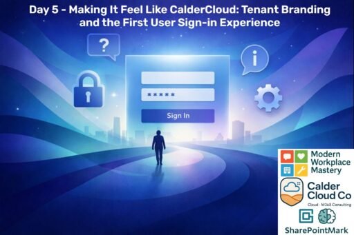Illustration of a calm digital workspace with a large floating sign-in panel in front of a cloud city skyline, and one person reviewing the tenant sign-in design.