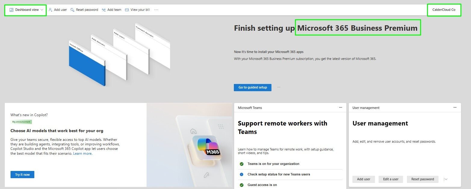 screenshot of freshly created Microsoft 365 Business Premium tenant dashboard.