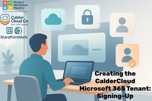 Calm Modern Workplace office illustration showing a founder setting up a cloud tenant on a laptop, with floating panels symbolising secure Microsoft 365 setup.