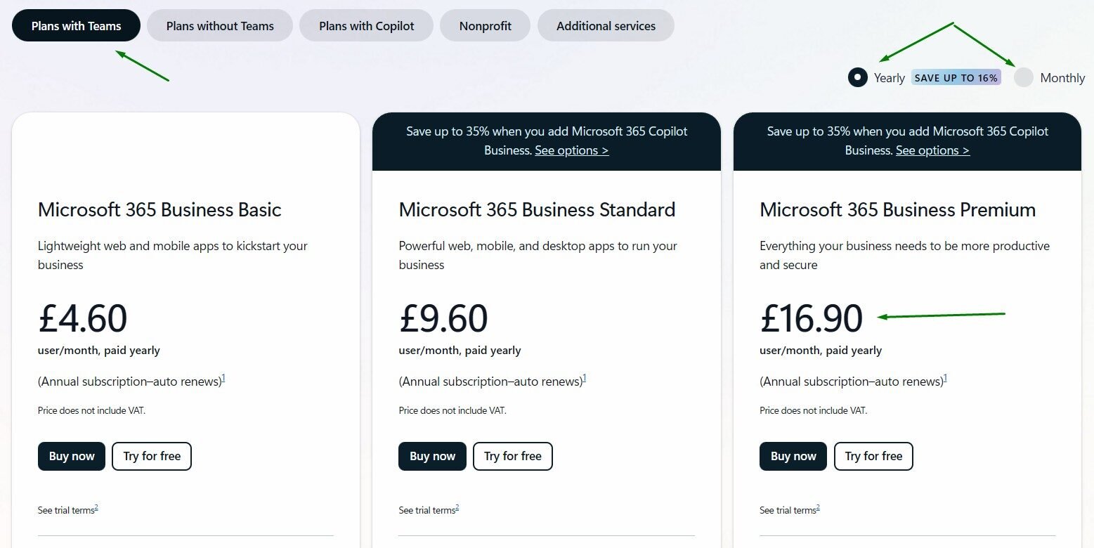 Screenshot showing the business plans options available