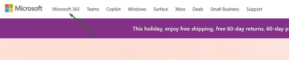 Screenshot of Microsoft Homepage pointing out Microsoft 365 in top menu.