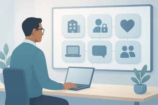 Illustration of a modern workplace architect in a calm office, with a large screen showing five rounded panels representing tenant ownership, identity and access, devices, users and mental health as core principles for a Microsoft 365 tenant