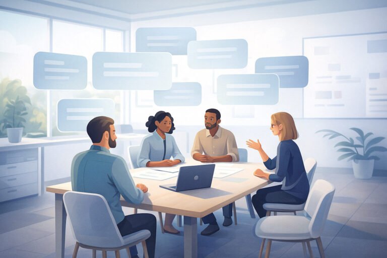 Illustration of a small team in a calm modern workspace discussing Microsoft 365 tenant foundations, with abstract floating cards representing key workshop questions.
