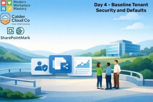Illustration of a modern office by a calm valley with three floating panels for identity, sharing and auditing, and a small diverse team discussing the secure Microsoft 365 tenant baseline.